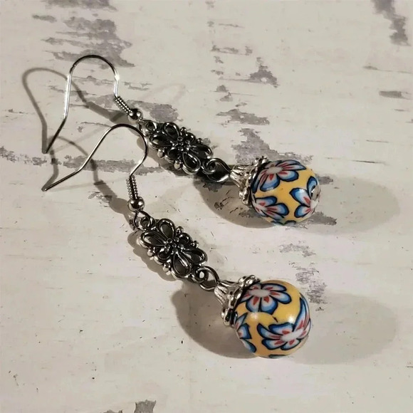 Handcrafted Fimo Clay Yellow Blue Multi Flower Beads Antique Silver Earrings - Picture 1 of 7